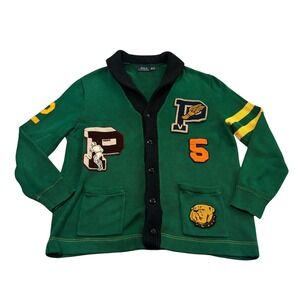 Polo Ralph‎ Lauren Men Green Varsity Patch Shawl Cardigan Sweater 1XB Big & Tall